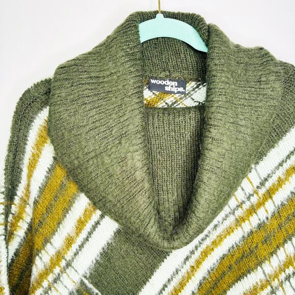 Wooden Ships Poncho Size S/M Mohair Wool‎ Blend Fringed Cowl Neck Green Stripe - Picture 3 of 10